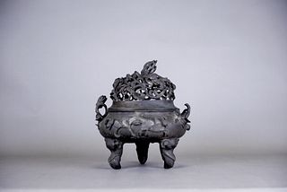 A TRIPOD BRONZE CENSER WITH COVER AND BASE 