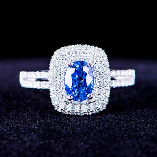 18K WHITE GOLD DIAMOND/BLUE SAPPHIRE RING W/ IAS & GIA CERTIFIED