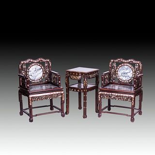 CHINESE MARBLE&MOTHER-OF-PEARL INLAID HONGMU CHAIRS AND TABLE SET, QING DYNASTY