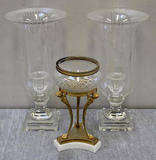 Pair of Etched Glass Hurricane Candle Holders & a