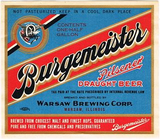 1936 Burgemeister Pilsner Beer 64oz Half Gallon IL107-01V Warsaw, Illinois