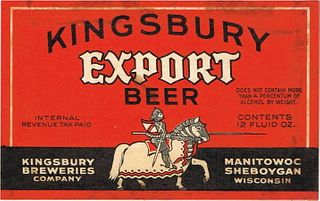 1933 Kingsbury Export Beer 12oz Manitowoc, Wisconsin