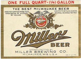 1933 Miller Beer 32oz One Quart WI287-42V Milwaukee, Wisconsin