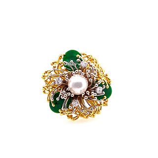 1970â€™s Platinum 18k Pearl, Imperial Jade Jadeite, Diamond Ring