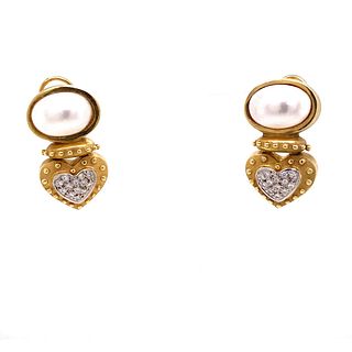 14k Diamond Pearl Heart Earrings