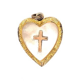 14k Victorian Mother of Pearl Heart Cross Locket PendantÂ 