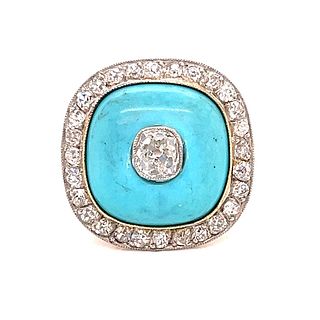 Art Deco 18k Platinum Turquoise Diamond Square Ring