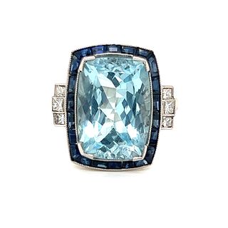 Platinum Diamond Sapphire Aquamarine RingÂ 