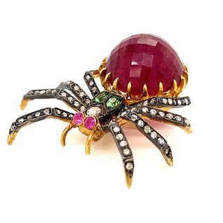 Silver & Gold Spider Ruby Diamond BroochÂ 