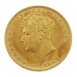 George IV, Sovereign 1827. Very fine. <br><br>Very fine. Discolouration at 5 o'clock on the obverse.