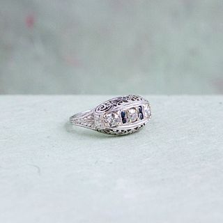 Art Deco Diamond Three Stone Filigree Ring with Sapphires, 18k