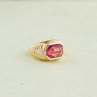 Vintage Pink Tourmaline & Diamond Scalloped Dome Ring, 18k
