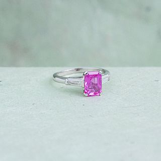 Mid Century Emerald Cut Pink Sapphire Engagement Ring