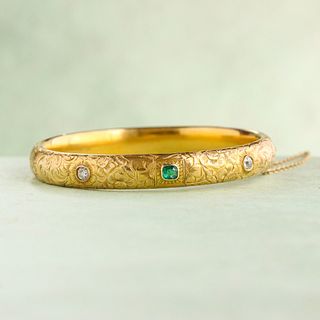 Victorian Engraved Bangle with Diamonds & Emerald, 14k