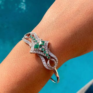Art Deco Emerald & Diamond Bangle Bracelet, Platinum