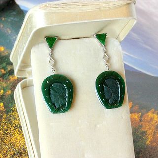 Vintage Green Onyx Intaglio & Jade Trillion Earrings, 14k