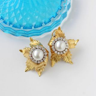 Vintage Pearl & Diamond Flower Earrings, 18k