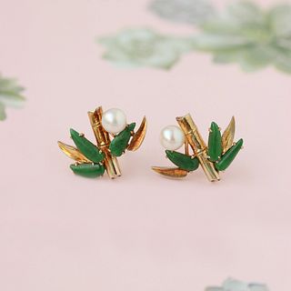 Vintage Jade & Pearl Bamboo Stud Earrings, 14k