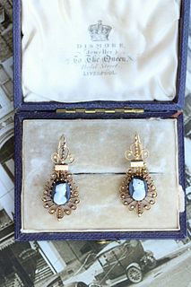 Victorian Stone Cameo Filigree Earrings, 14k