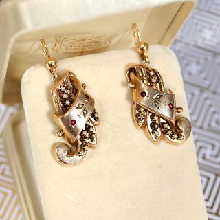 Victorian Foliate Gold Earrings with Pearls & Rubies, 14k