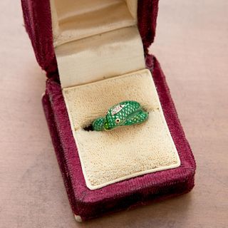 Vintage Enamel Green Snake Ring, 14k