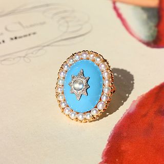 Victorian Moonstone with Turquoise Enamel, Diamonds & Pearl Surround Ring, 14k