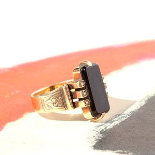 Victorian Black Onyx & Pearl Ring, 14k
