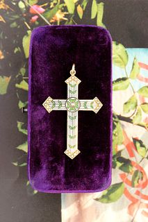 Antique Enamel & Pearl Cross Pendant, 14k