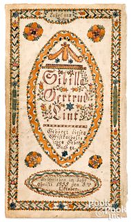Ink and watercolor fraktur bookplate, dated 1835