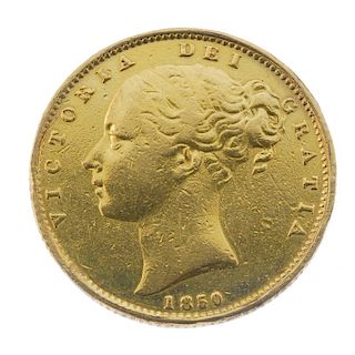 Victoria, Sovereign 1850, young head, rev. shield. About very fine, previously mounted. <br><br>Abou