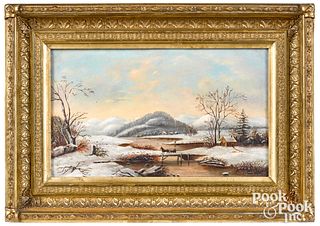 New England oil on tin winter landscape, 19th c.