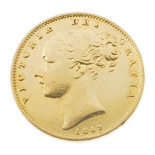Victoria, Sovereign 1849, young head, rev. shield. Very fine, cleaned. <br><br>Very fine, cleaned.