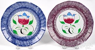 Two spatter blue and purple tulip plates