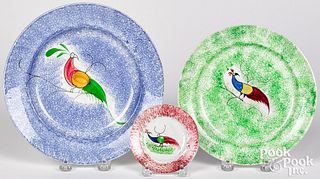 Three spatter peafowl plates