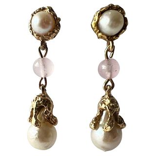 1970s Arthur King 18K Yellow Gold Pink Jade Mabe Pearl Jointed Earrings
