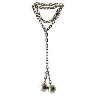 1960s Mexican Modernist Sterling Silver Ball and Chain Lariat Necklace