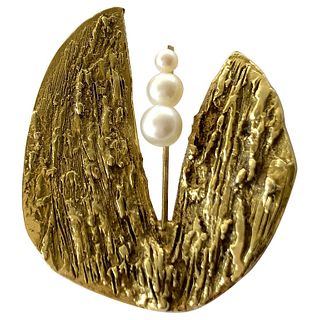 1960s 14K Gold Abstract Textural Brooch with Pearl