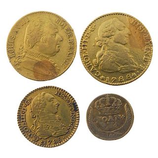 Spain, Charles IV, gold Escudo 1785 DV, gold 2-Escudos 1788 M, ex mount, severe test scratches in ob