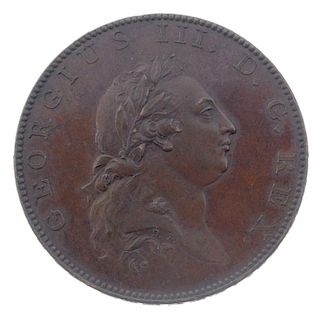 George III, bronzed restrike Pattern Halfpenny by Droz, edge RENDER TO CESAR THE THINGS WHICH ARE CE