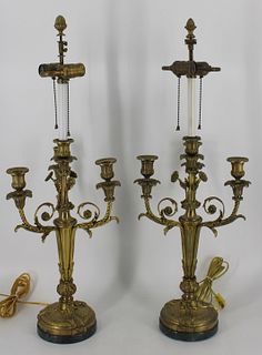 Fine Quality Pair Of Gilt Bronze Candelabra Lamps