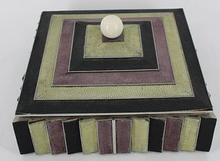 Art Deco Silvered Metal / Shagreen Box With Wood