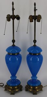 An Antique Pair Of Opaline Glass Lamps.