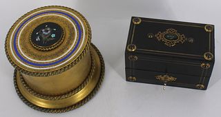 Antique Gilt Bronze Round Box Together With A
