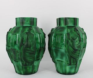 An Art Deco Pair Of Malachite Style Figural Vases