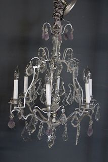 Vintage Silvered Metal Chandelier With Glass And
