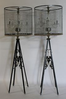 A Vintage Pair Of Caged Chandeliers On Tripod