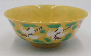 Chinese Green and Yellow Enameled Crane Bowl.