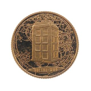 Doctor Who, proof gold medalet, David Tennant as The Doctor holding a sonic screwdriver, rev. The Ta