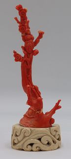 Signed Chinese Coral Carving of a Quan Yin.