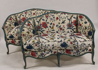 A Vintage Pair Of Carved, Painted & Upholstered
